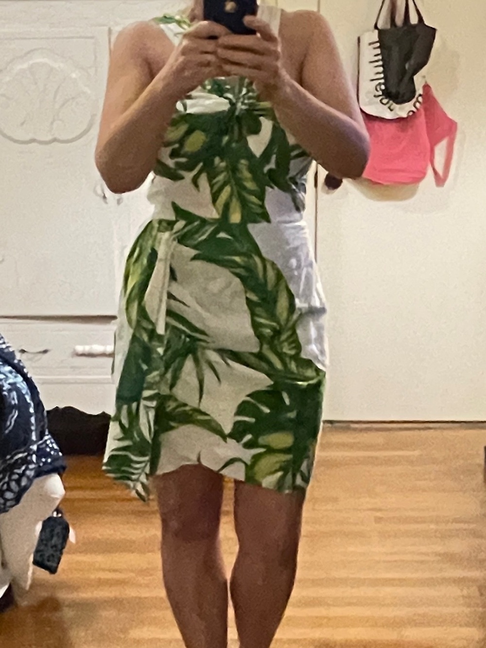 Olivaceous White Mini Dress with Green Tropical Leaf Print and Side Tie